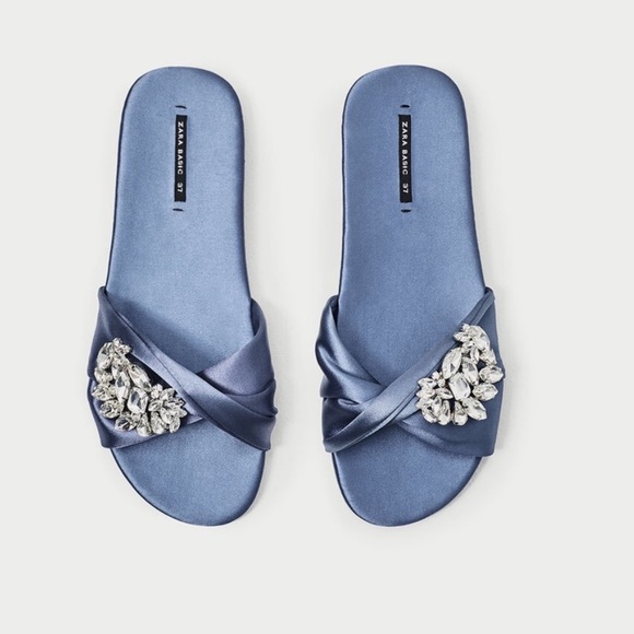 NWT Zara Blue Satin Jewel Sandals